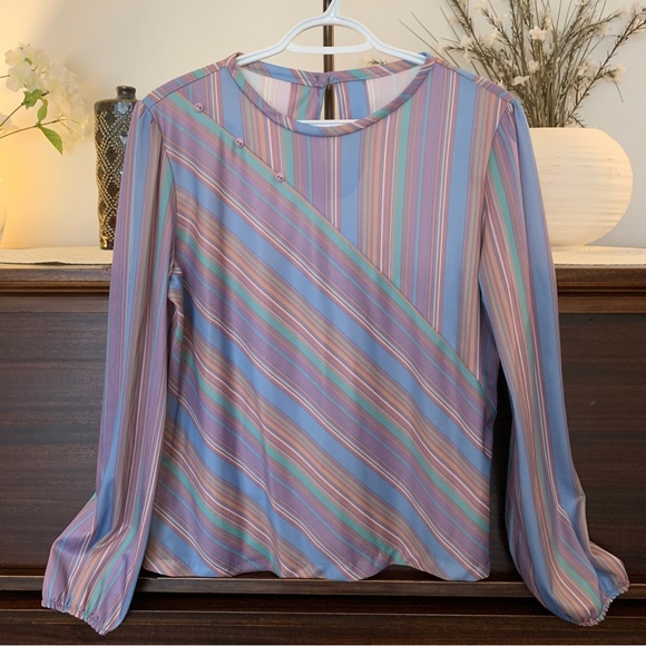 Vintage 70's Pastel Striped Women's Blouse, Size Medium - Picture 10 of 10